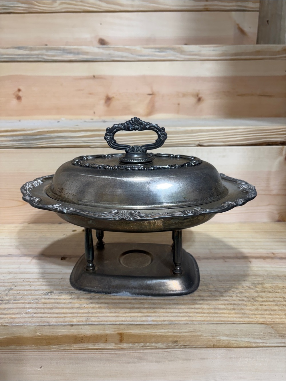 Silver-Tone Covered Serving Dish with Decorative Handle